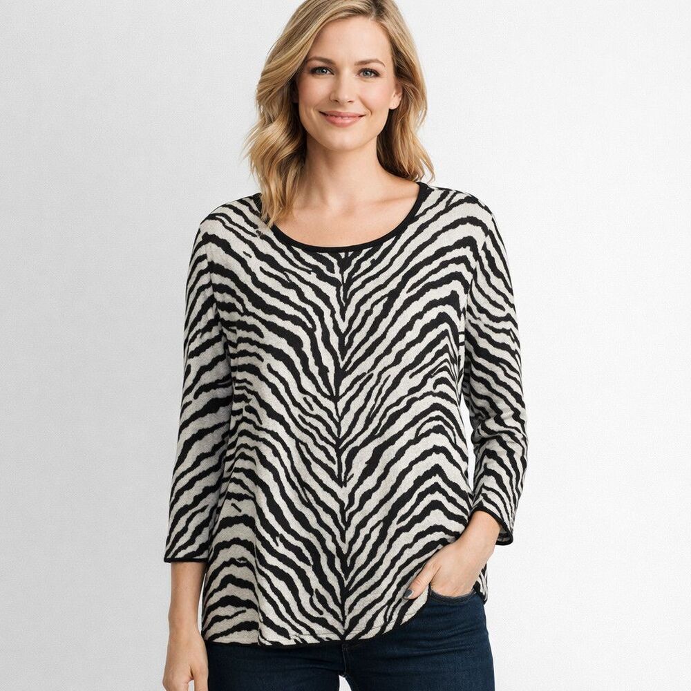 Chicos Sweater Womens 3 White Zebra Print Scoop Neck 3/4 Sleeve Knit Pullover